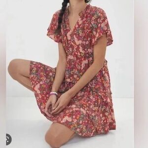 By Anthropologie Robin Tiered Floral Red Orange Flutter Sleeve Dress
